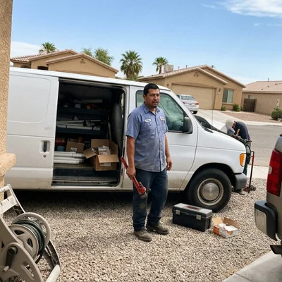 Plumber standing beside a service van in an El Centro neighborhood