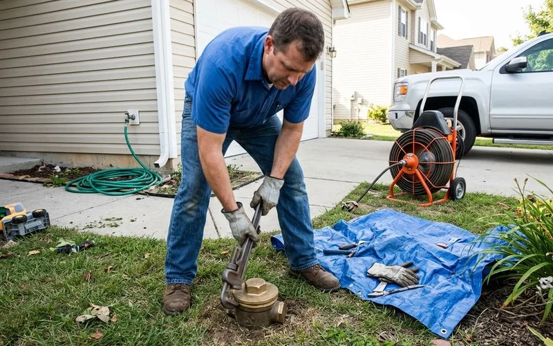 Plumber opening a main sewer cleanout cap with a wrench, drain machine waiting