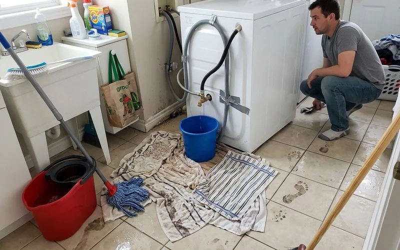 Toallas y una cubeta conteniendo agua de una tubería rota en un cuarto de lavado