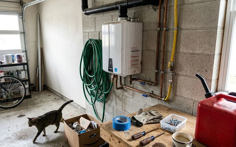 Wall-mounted tankless water heater with gas line and venting on a garage wall