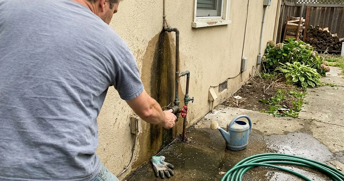 Hand turning a main water shutoff valve on the exterior wall of a home
