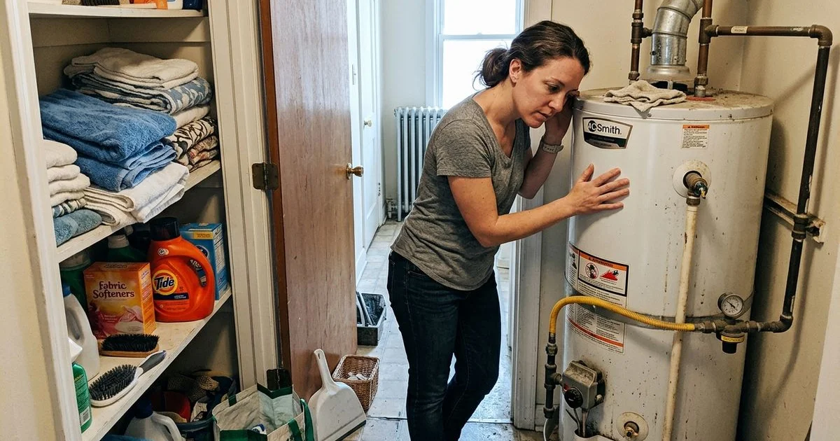 Person listening to a water heater in a utility closet with a hand on the tank