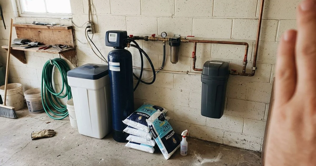 Salt-based softener with brine tank beside a compact salt-free conditioner unit