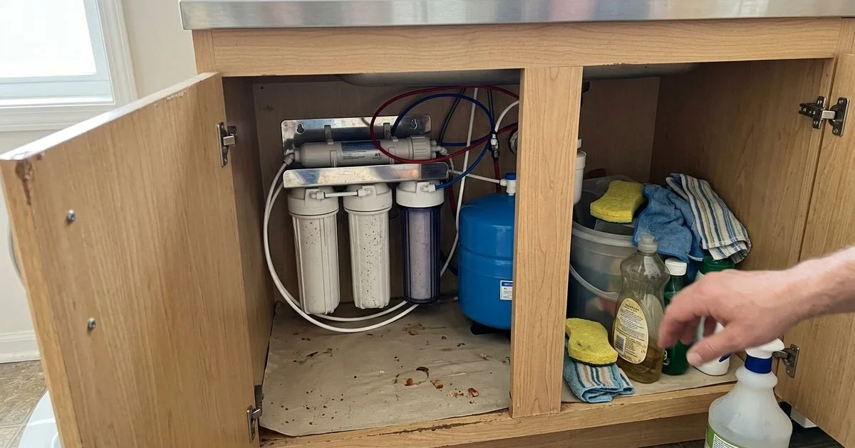Under-sink reverse osmosis system with filter stages and storage tank in a cabinet