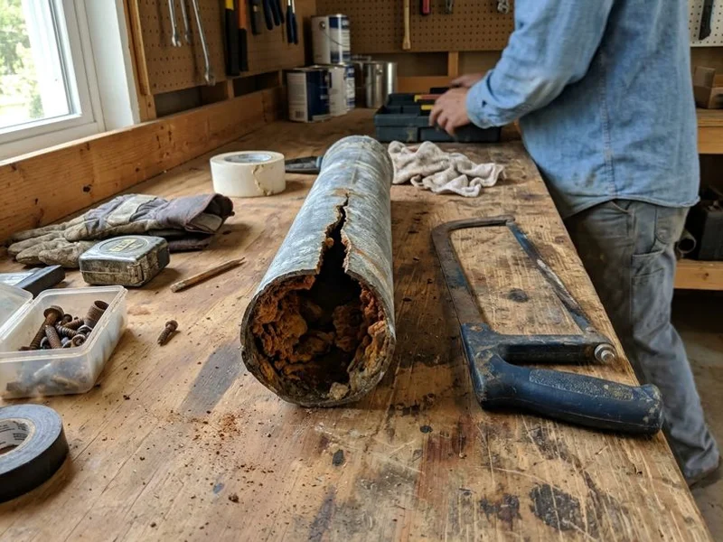 Corroded galvanized pipe cut open showing heavy tuberculation inside