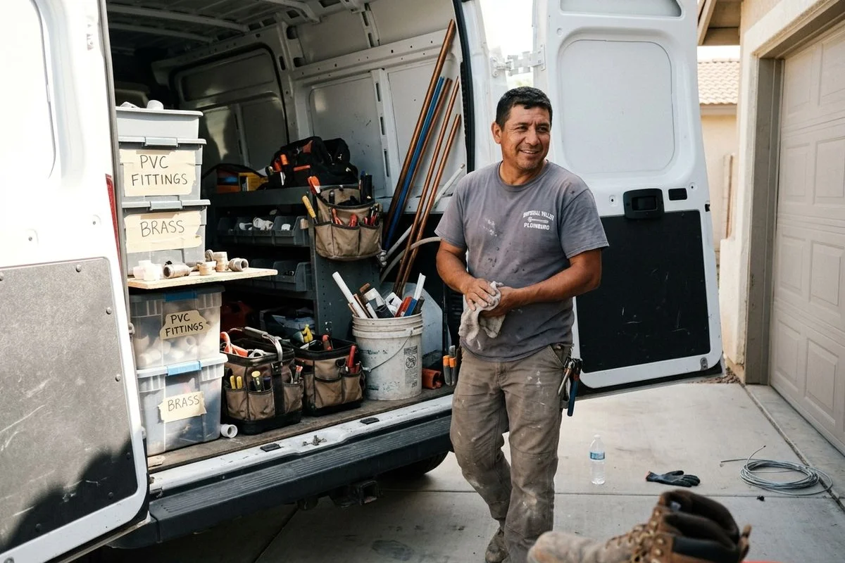 Plumber standing beside an open service van in a sunlit El Centro driveway